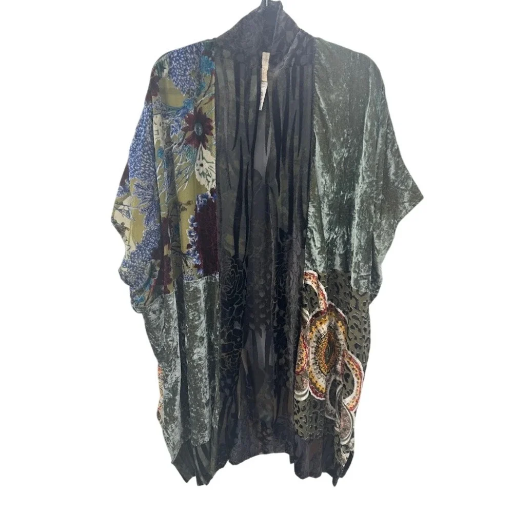 Chicos Mixed Media Patchwork Velvet Burnout Kimono Wrap OS Green Floral Leopard